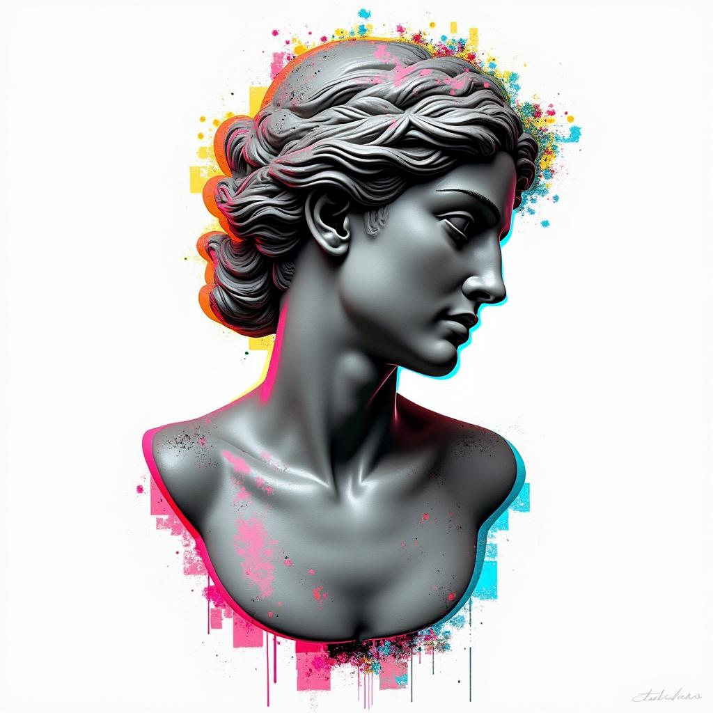 83 Piscesin distorted and fragmented tattoo design, featuring a classical statue bust, in a glitch art style with vibrant, overlapping colors of cyan, magenta, and yellow, creating a digital distortion effect - Variation 2