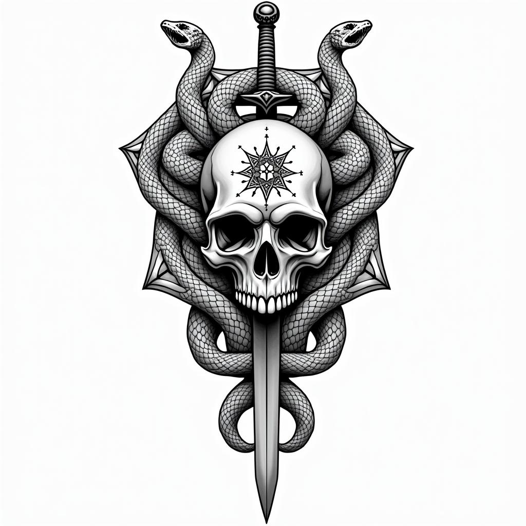 a skull with 2 serpent's and one swordin dotwork style tattoo, complex mandala patterns, interlocking geometric shapes with sharp symmetry, clean lines, sharp angles - Variation 3