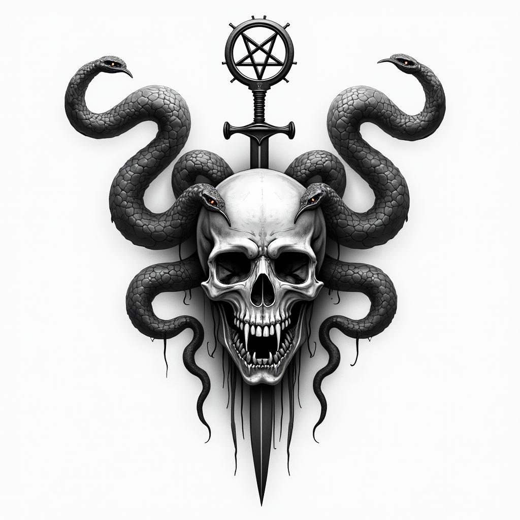 a skull with 2 serpent's and one swordcreepy horror tattoo style, featuring an eerie and unsettling skull of a demonic creature, distorted face with sharp fangs, add pentagram symbol - Variation 9