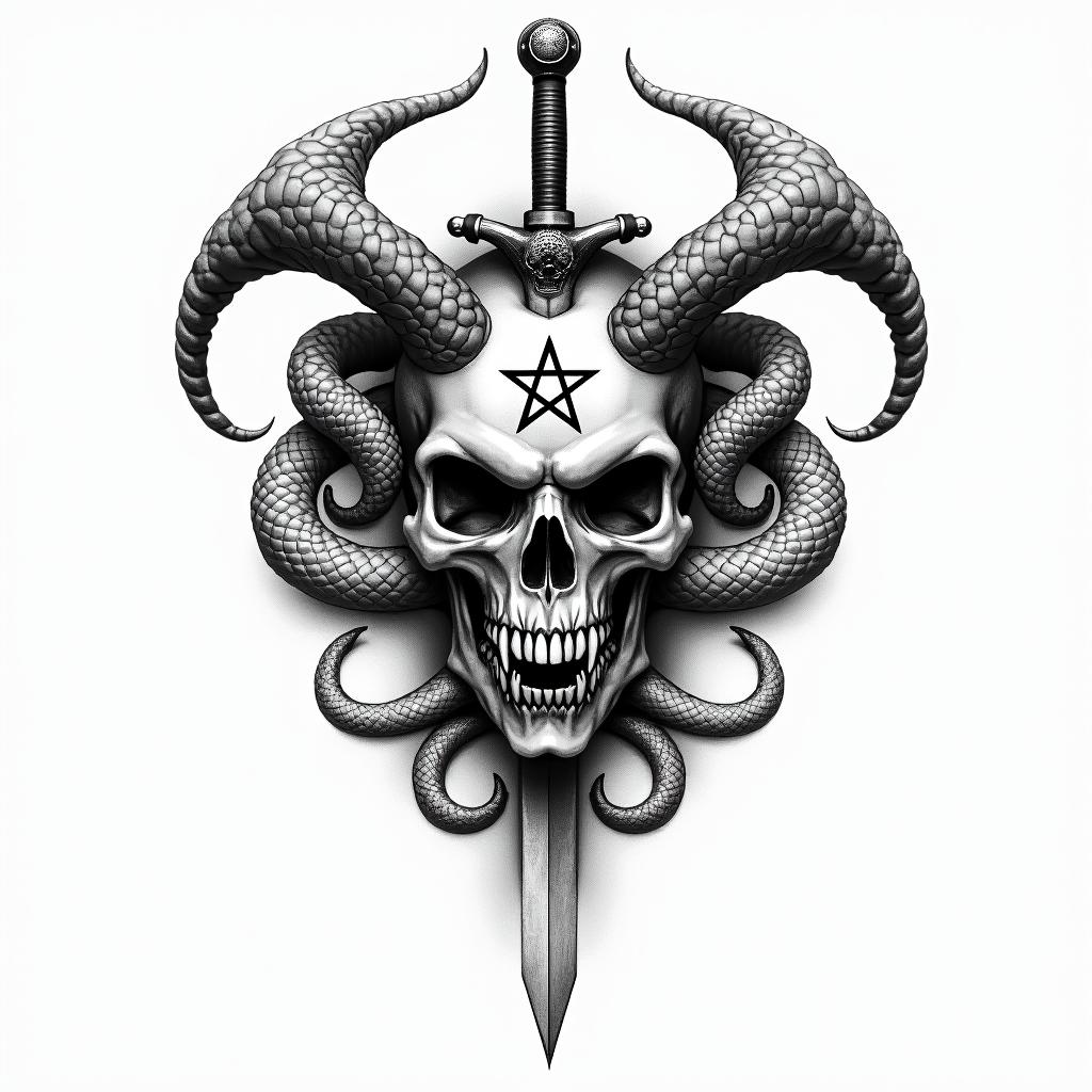 a skull with 2 serpent's and one swordcreepy horror tattoo style, featuring an eerie and unsettling skull of a demonic creature, distorted face with sharp fangs, add pentagram symbol - Variation 10