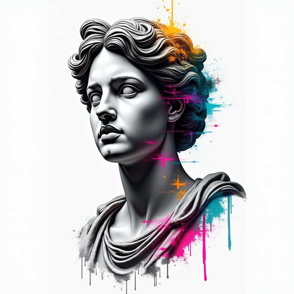 Harleyin distorted and fragmented tattoo design, featuring a classical statue bust, in a glitch art style with vibrant, overlapping colors of cyan, magenta, and yellow, creating a digital distortion effect