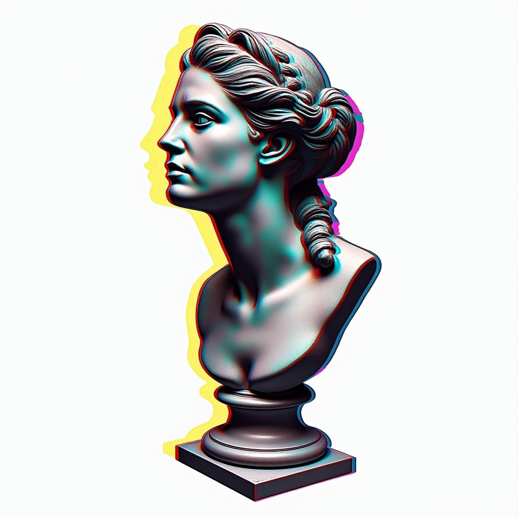 Harleyin distorted and fragmented tattoo design, featuring a classical statue bust, in a glitch art style with vibrant, overlapping colors of cyan, magenta, and yellow, creating a digital distortion effect - Variation 2