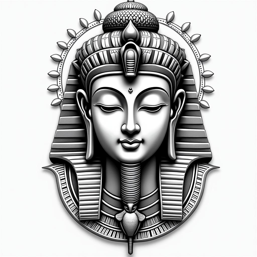 Buddhain egyptian style tattoo, bold elements of ancient egyptian culture including a portrait of an Egyptian pharaoh with detailed facial features, in hieroglyphs and symbolic imagery, eye of horus, ankh symbol, scarab beetle - Variation 4