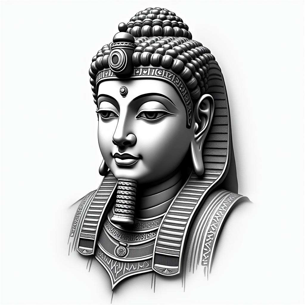 Buddhain egyptian style tattoo, bold elements of ancient egyptian culture including a portrait of an Egyptian pharaoh with detailed facial features, in hieroglyphs and symbolic imagery, eye of horus, ankh symbol, scarab beetle - Variation 2