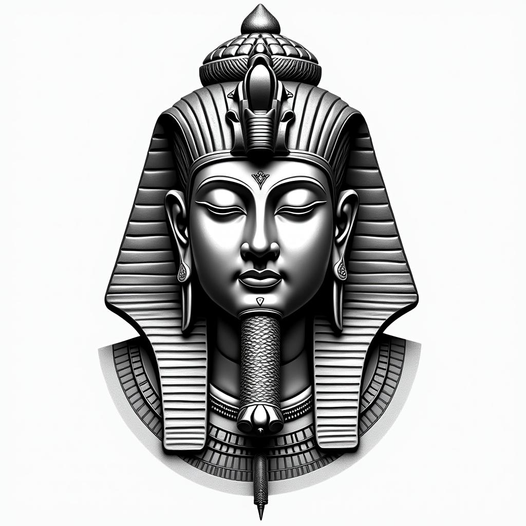 Buddhain egyptian style tattoo, bold elements of ancient egyptian culture including a portrait of an Egyptian pharaoh with detailed facial features, in hieroglyphs and symbolic imagery, eye of horus, ankh symbol, scarab beetle - Variation 3