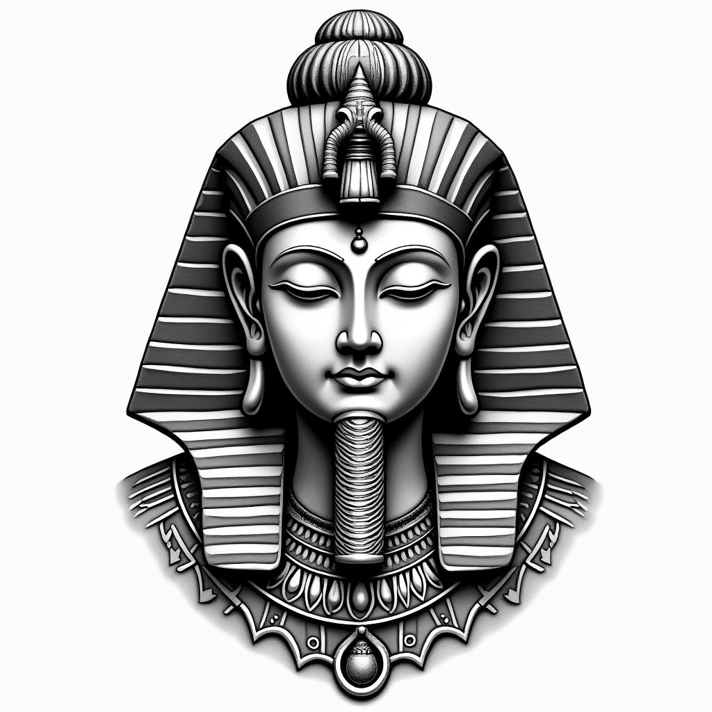 Buddhain egyptian style tattoo, bold elements of ancient egyptian culture including a portrait of an Egyptian pharaoh with detailed facial features, in hieroglyphs and symbolic imagery, eye of horus, ankh symbol, scarab beetle