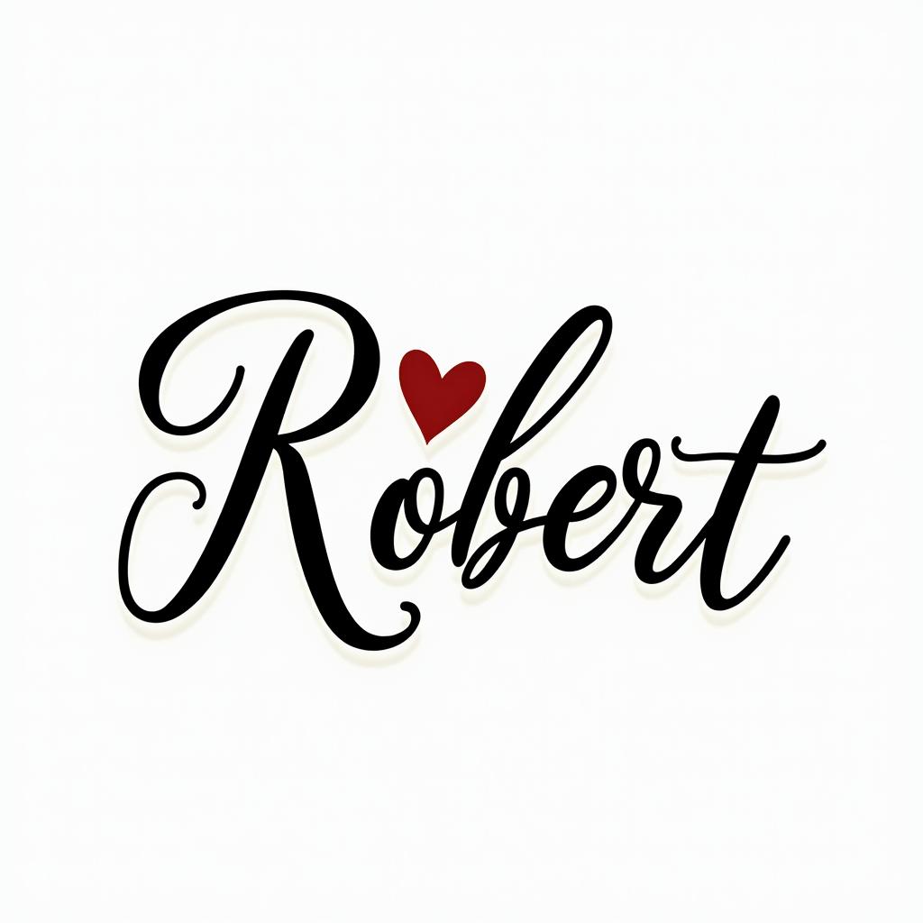 Robertin elegant cursive calligraphy style 2d tattoo, decorate with roses, featuring a smooth and flowing handwritten script with slightly thickened strokes for a luxurious and bold appearance,  heart symbol between names,  sleek and glossy black text with shadowing, minimalist matte white background, clean and sharp edges, illuminated with soft lighting, romantic, 8k, high-quality textures with refined typography - Variation 12