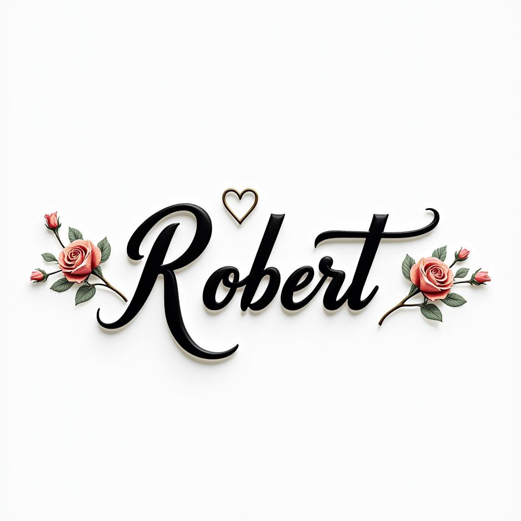 Robertin elegant cursive calligraphy style 2d tattoo, decorate with roses, featuring a smooth and flowing handwritten script with slightly thickened strokes for a luxurious and bold appearance,  heart symbol between names,  sleek and glossy black text with shadowing, minimalist matte white background, clean and sharp edges, illuminated with soft lighting, romantic, 8k, high-quality textures with refined typography - Variation 11