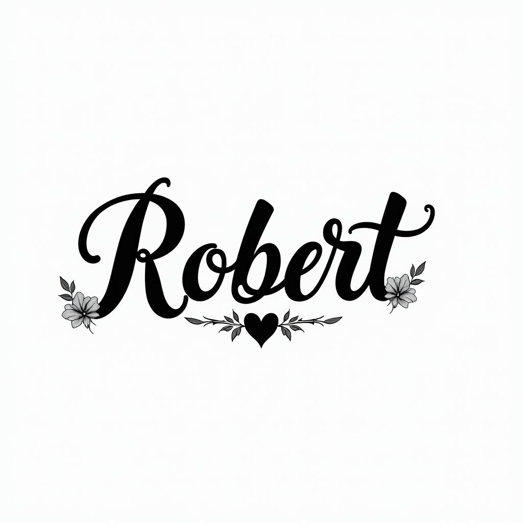 Robertin elegant cursive calligraphy style 2d tattoo, decorate with roses, featuring a smooth and flowing handwritten script with slightly thickened strokes for a luxurious and bold appearance,  heart symbol between names,  sleek and glossy black text with shadowing, minimalist matte white background, clean and sharp edges, illuminated with soft lighting, romantic, 8k, high-quality textures with refined typography - Variation 10