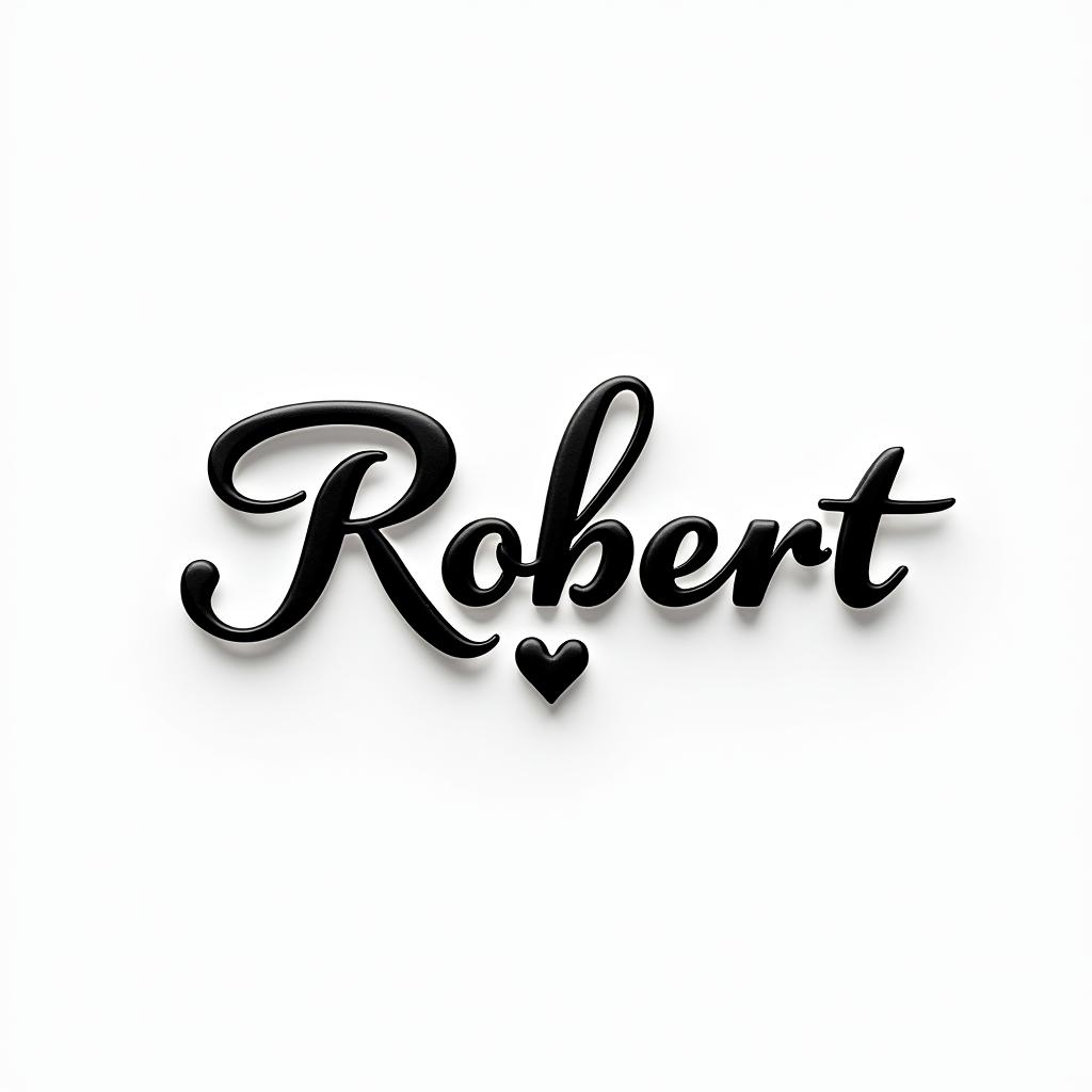 Robertin elegant cursive calligraphy style 2d tattoo, decorate with roses, featuring a smooth and flowing handwritten script with slightly thickened strokes for a luxurious and bold appearance,  heart symbol between names,  sleek and glossy black text with shadowing, minimalist matte white background, clean and sharp edges, illuminated with soft lighting, romantic, 8k, high-quality textures with refined typography - Variation 9