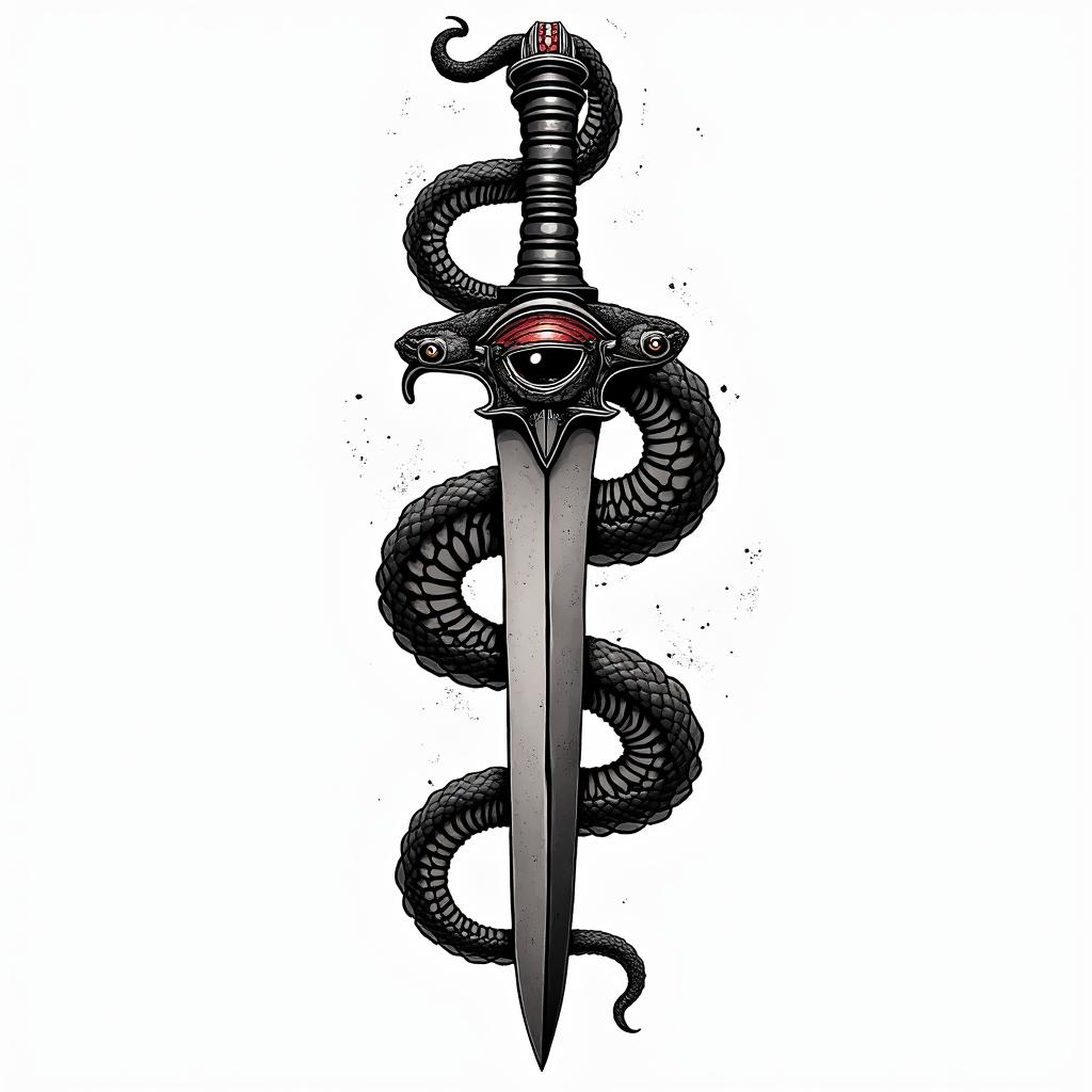 Snake wrapped around a dagger with an evil eye on the daggerin pop art style tattoo, featuring bold and vibrant colors, exaggerated outlines, iconic imagery, inspired by comic books and speech bubbles, comic book characters, retro pop culture - Variation 13