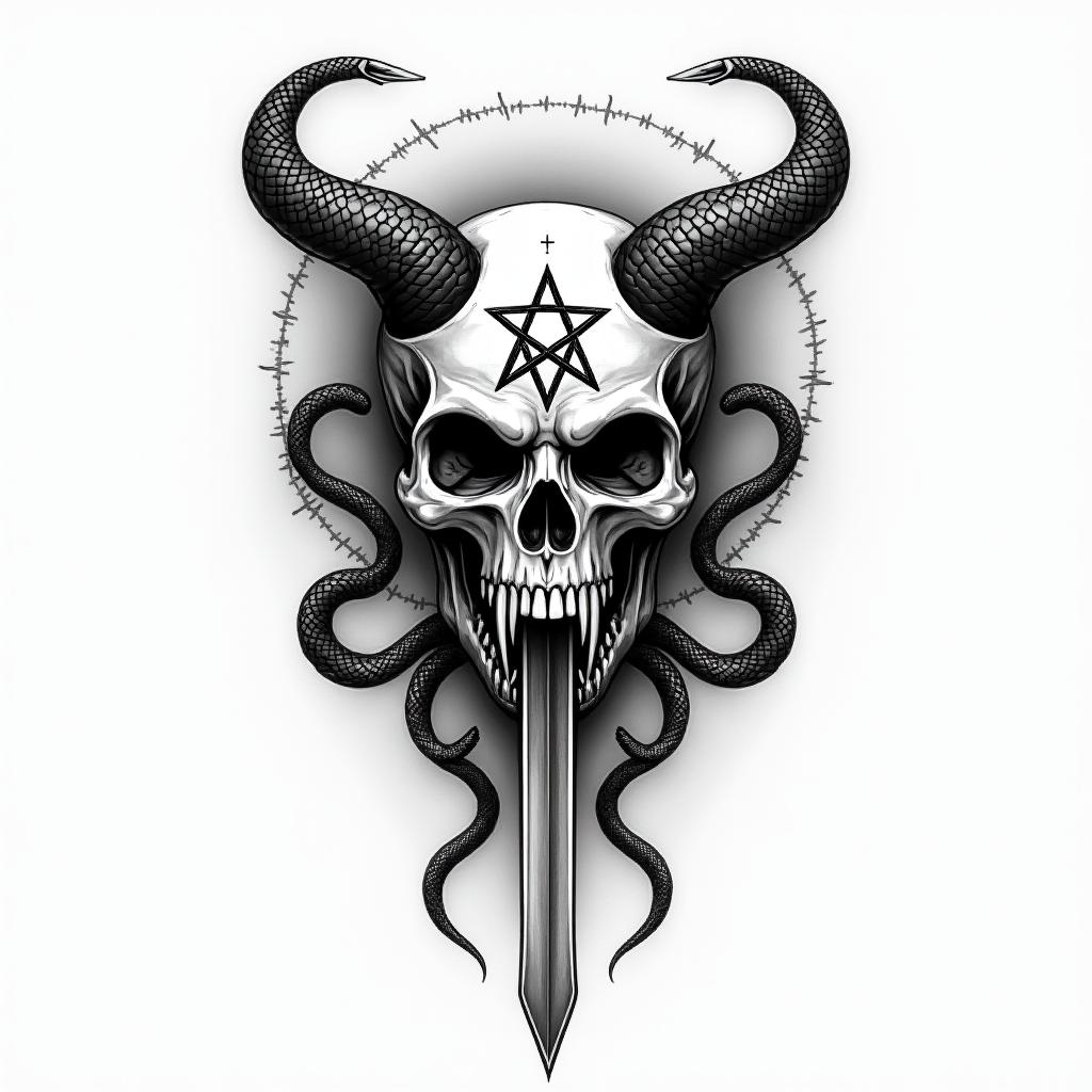 a skull with 2 serpent's and one swordcreepy horror tattoo style, featuring an eerie and unsettling skull of a demonic creature, distorted face with sharp fangs, add pentagram symbol - Variation 8