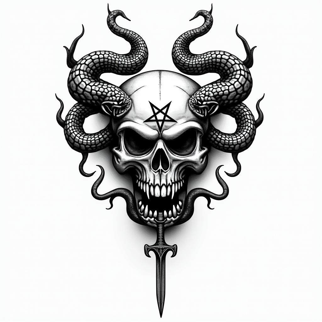 a skull with 2 serpent's and one swordcreepy horror tattoo style, featuring an eerie and unsettling skull of a demonic creature, distorted face with sharp fangs, add pentagram symbol - Variation 6