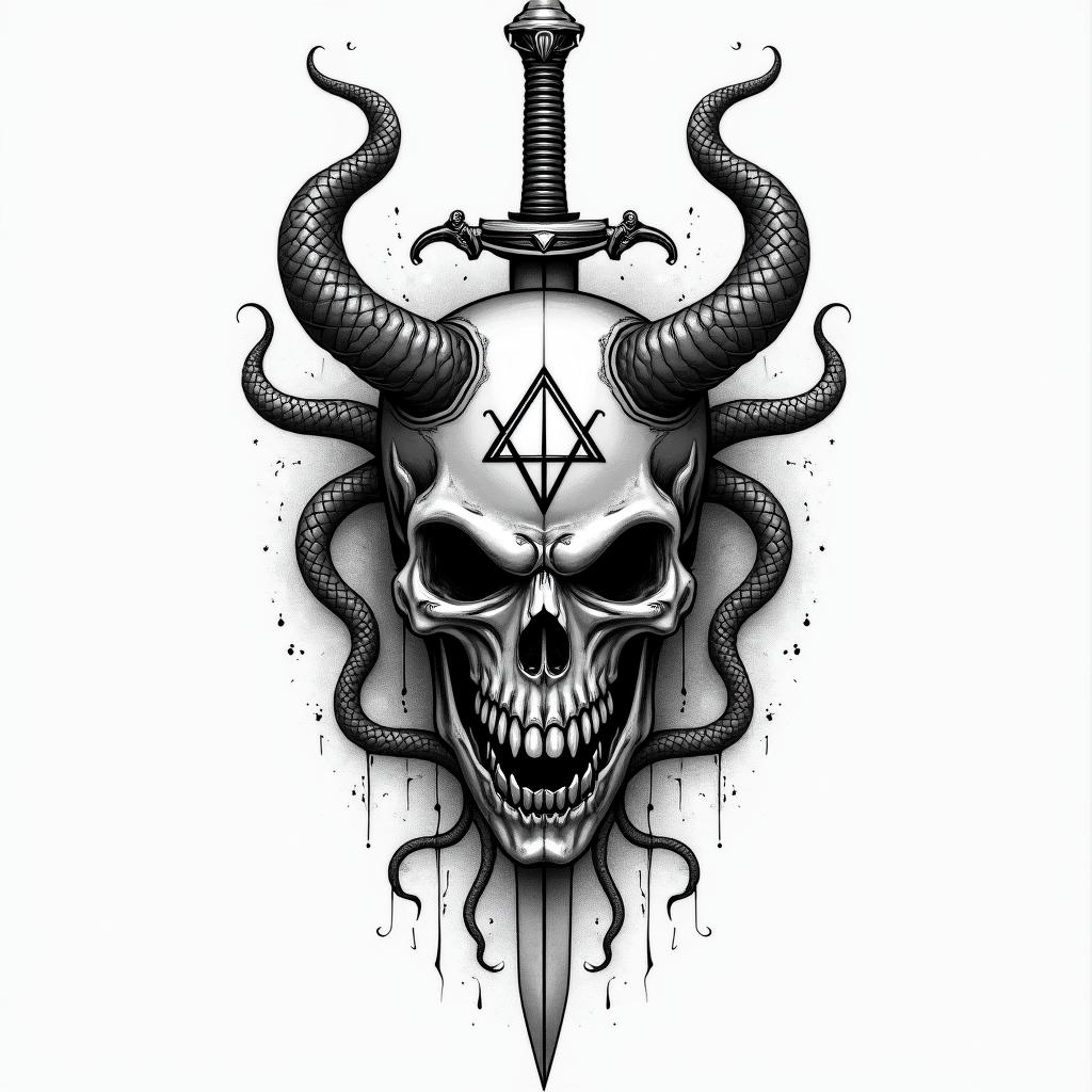 a skull with 2 serpent's and one swordcreepy horror tattoo style, featuring an eerie and unsettling skull of a demonic creature, distorted face with sharp fangs, add pentagram symbol - Variation 5