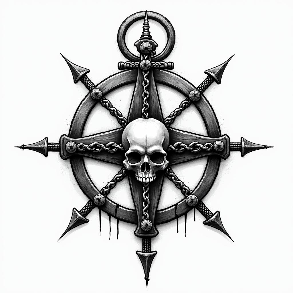 Broken compass with cross in middlein chicano style tattoo, featuring intricate black and grey shading, bold elements of traditional chicano culture symbols, add a big cross with skull, chains and roses - Variation 2