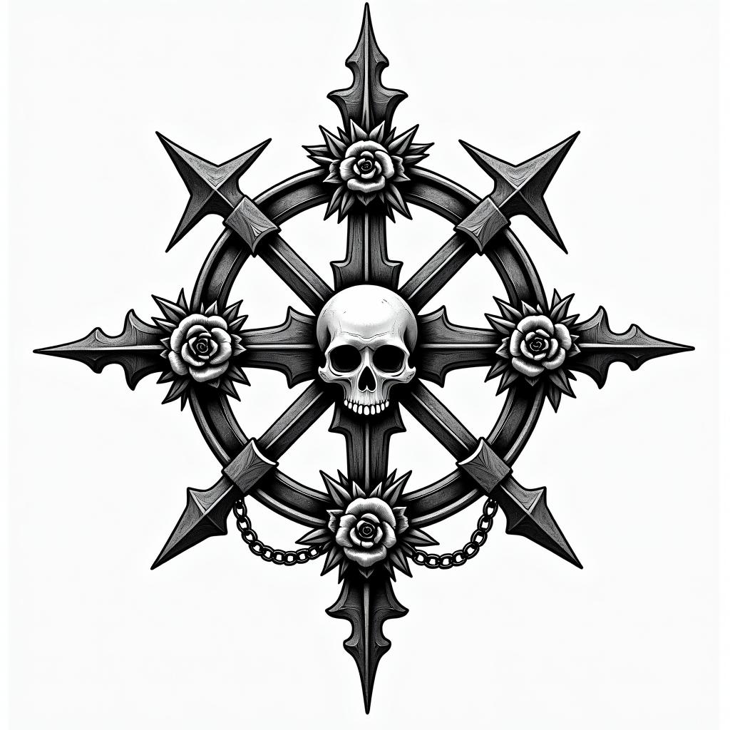 Broken compass with cross in middlein chicano style tattoo, featuring intricate black and grey shading, bold elements of traditional chicano culture symbols, add a big cross with skull, chains and roses - Variation 3