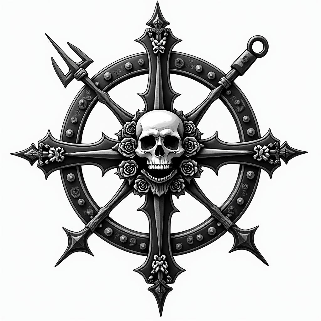 Broken compass with cross in middlein chicano style tattoo, featuring intricate black and grey shading, bold elements of traditional chicano culture symbols, add a big cross with skull, chains and roses - Variation 4