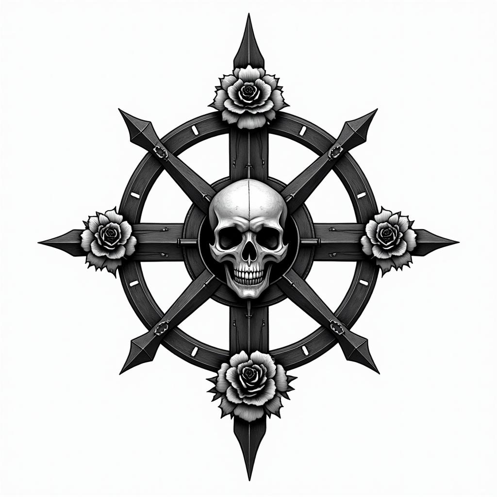 Broken compass with cross in middlein chicano style tattoo, featuring intricate black and grey shading, bold elements of traditional chicano culture symbols, add a big cross with skull, chains and roses