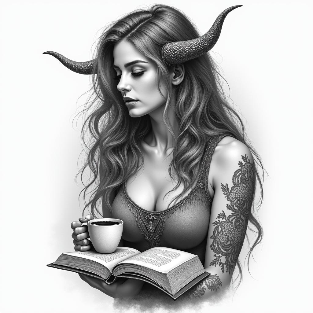 Woman, coffee, books, Sagittariusin portrait tattoo style, featuring a highly realistic and detailed depiction  - Variation 5