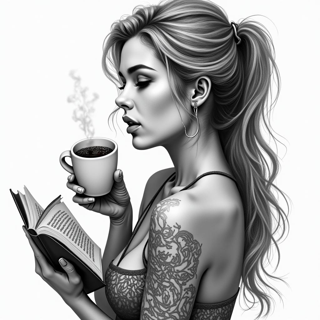 Woman, coffee, books, Sagittariusin portrait tattoo style, featuring a highly realistic and detailed depiction  - Variation 6