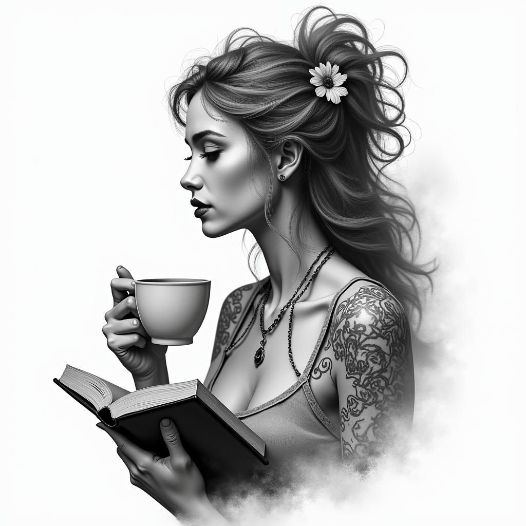 Woman, coffee, books, Sagittariusin portrait tattoo style, featuring a highly realistic and detailed depiction  - Variation 4