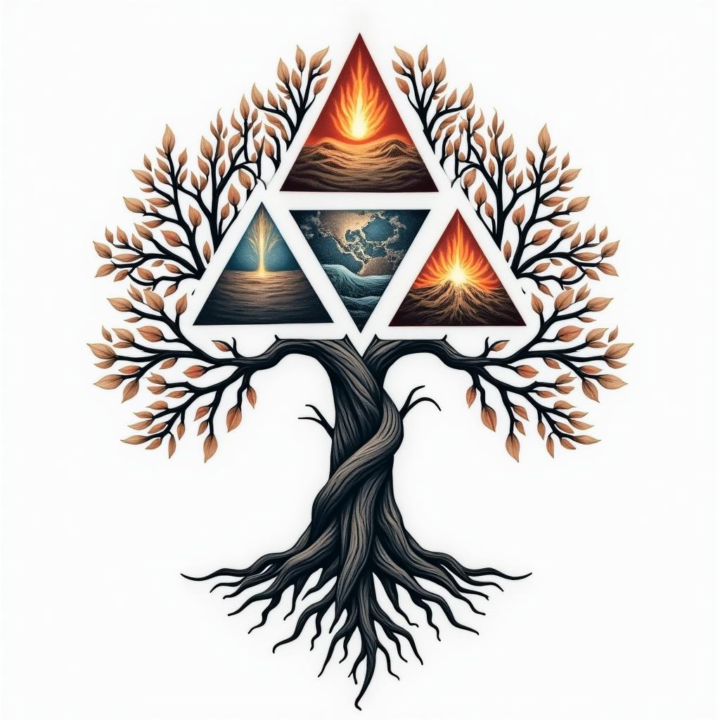 A realistic family tree design that traces back to the Annunaki days, incorporating triangles symbolizing connection and heritage. The tree intertwines with the four elements: realistic depictions of fire, wind, water, and earth, each represented vividly, creating a harmonious blend of nature and mystique, reflecting a lineage from ancient times to 2025.higly detailed tattoo - Variation 4