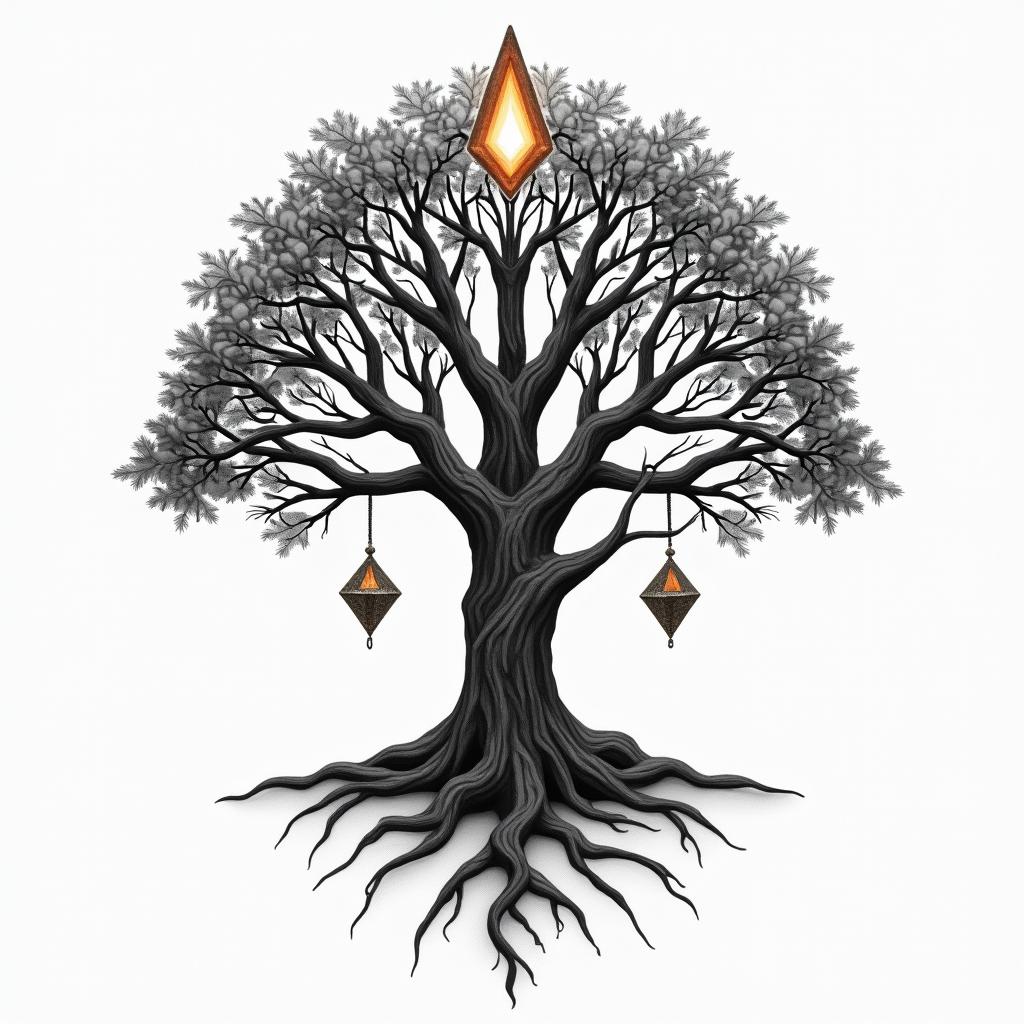 A realistic family tree design that traces back to the Annunaki days, incorporating triangles symbolizing connection and heritage. The tree intertwines with the four elements: realistic depictions of fire, wind, water, and earth, each represented vividly, creating a harmonious blend of nature and mystique, reflecting a lineage from ancient times to 2025.higly detailed tattoo