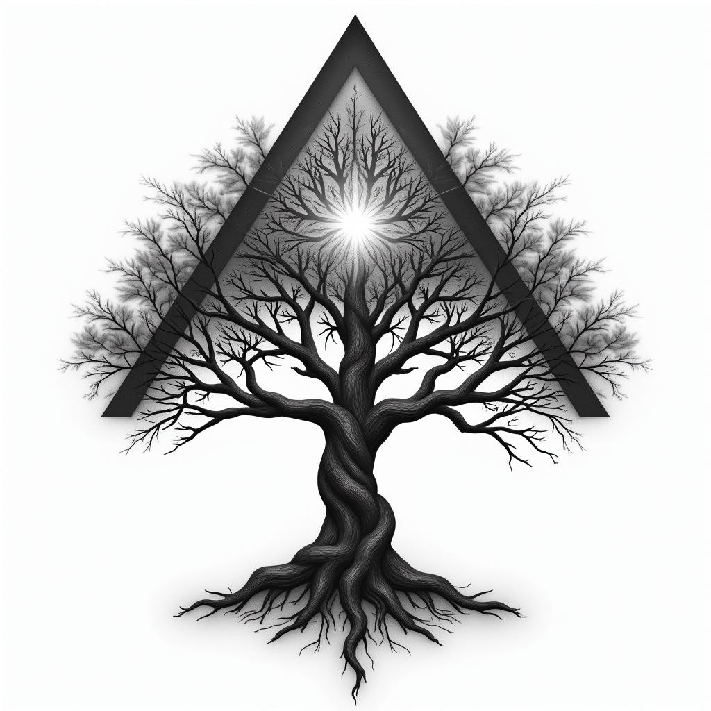 A realistic family tree design that traces back to the Annunaki days, incorporating triangles symbolizing connection and heritage. The tree intertwines with the four elements: realistic depictions of fire, wind, water, and earth, each represented vividly, creating a harmonious blend of nature and mystique, reflecting a lineage from ancient times to 2025.higly detailed tattoo - Variation 3