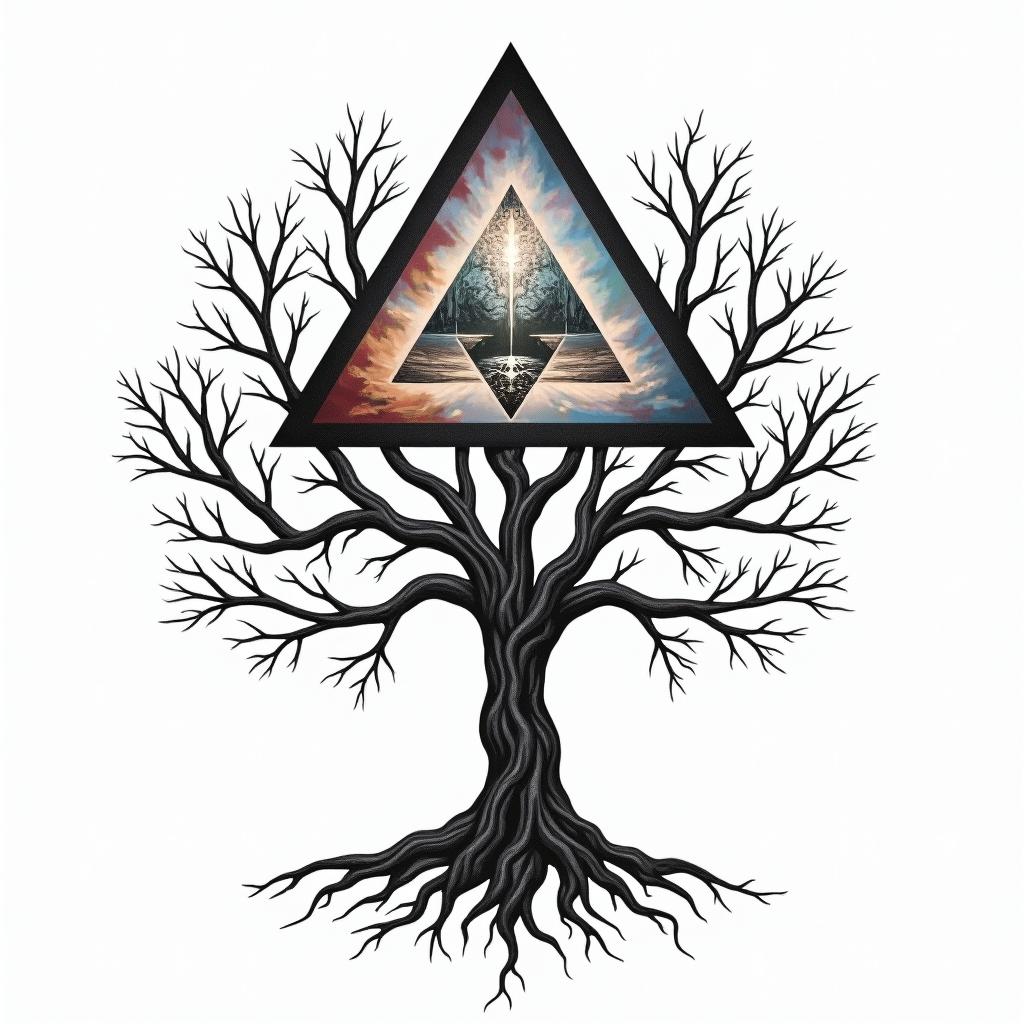 A realistic family tree design that traces back to the Annunaki days, incorporating triangles symbolizing connection and heritage. The tree intertwines with the four elements: realistic depictions of fire, wind, water, and earth, each represented vividly, creating a harmonious blend of nature and mystique, reflecting a lineage from ancient times to 2025.higly detailed tattoo - Variation 2