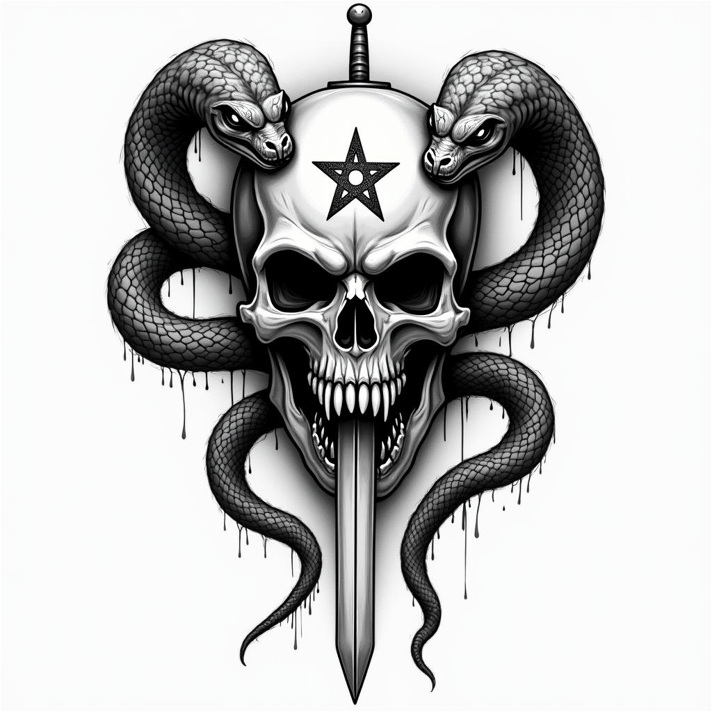 a skull with 2 serpent's and one swordcreepy horror tattoo style, featuring an eerie and unsettling skull of a demonic creature, distorted face with sharp fangs, add pentagram symbol - Variation 4