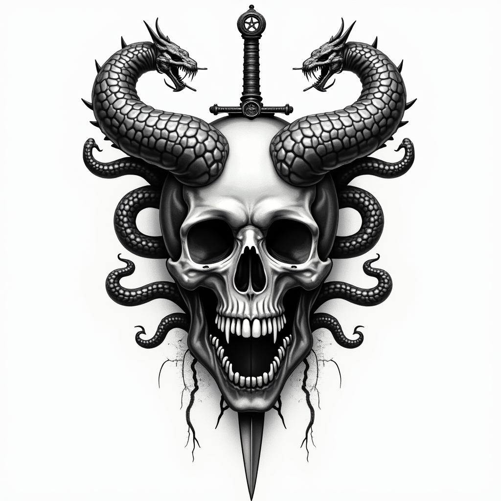 a skull with 2 serpent's and one swordcreepy horror tattoo style, featuring an eerie and unsettling skull of a demonic creature, distorted face with sharp fangs, add pentagram symbol - Variation 3