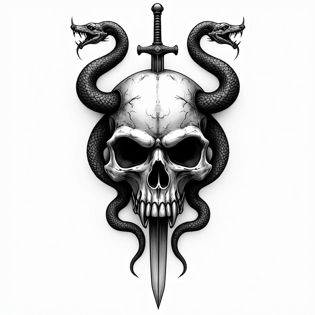a skull with 2 serpent's and one swordcreepy horror tattoo style, featuring an eerie and unsettling skull of a demonic creature, distorted face with sharp fangs, add pentagram symbol - Variation 2