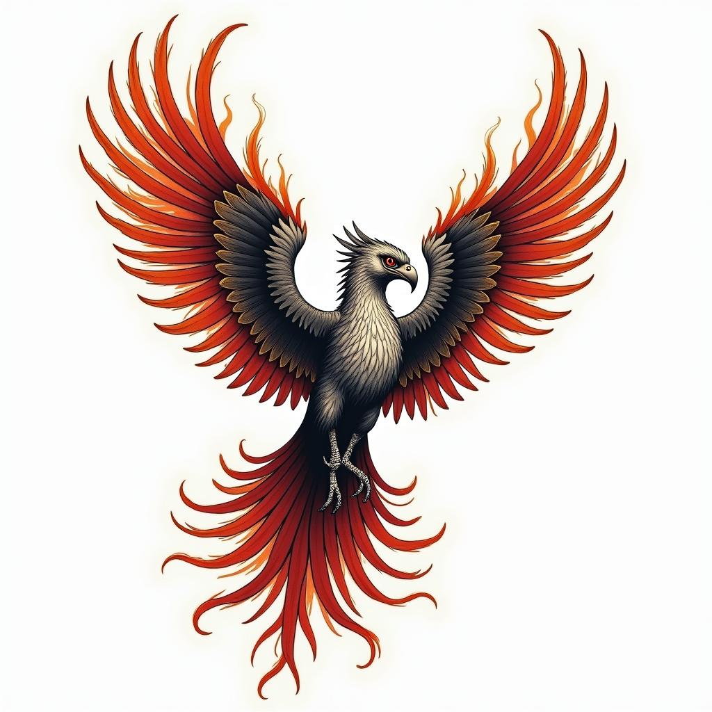Rising phoenix with vibrant fiery wingsin authentic tattoo style, incorporating traditional modifications, bold black outlines, solid color fills, featuring classic authentic elements - Variation 4