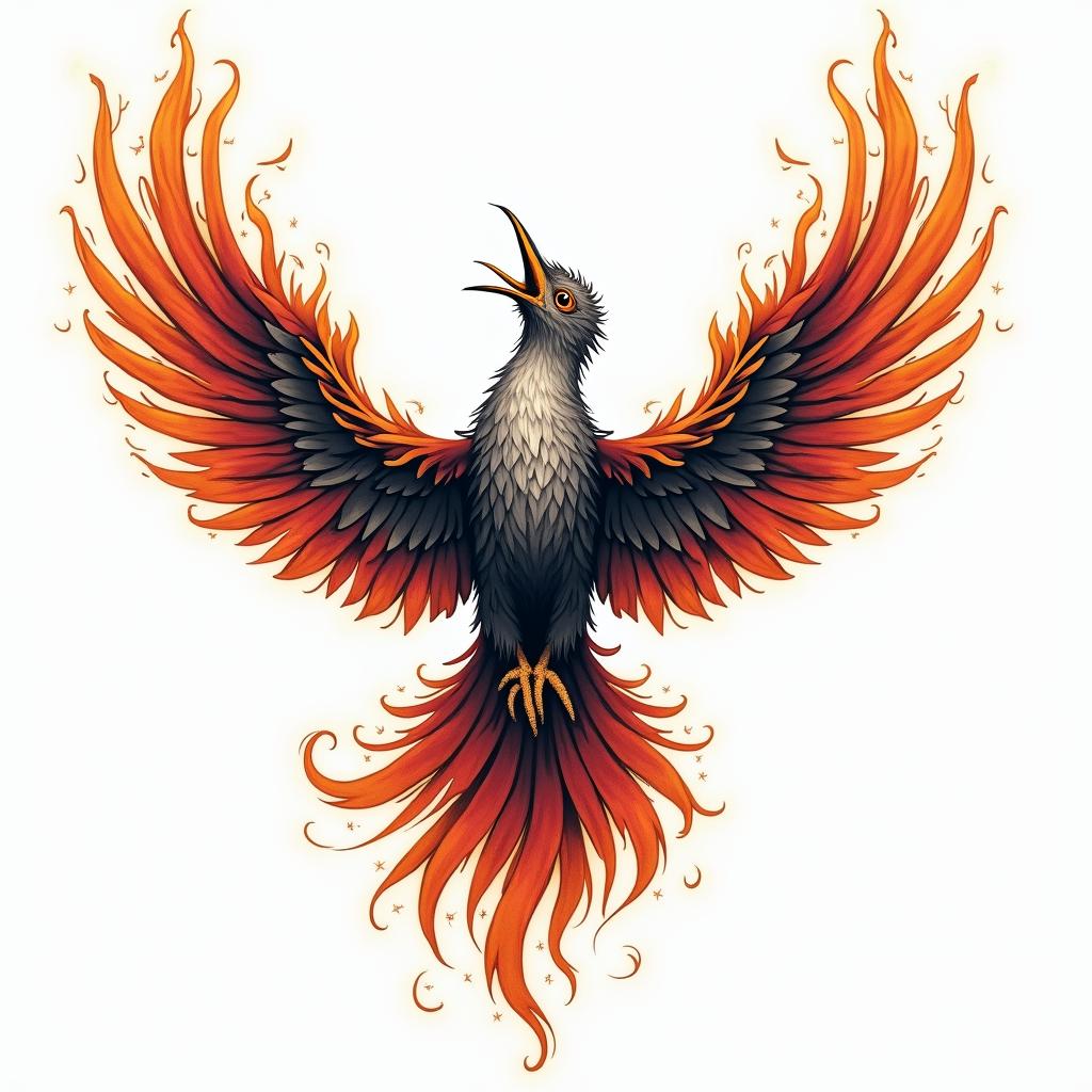 Rising phoenix with vibrant fiery wingsin authentic tattoo style, incorporating traditional modifications, bold black outlines, solid color fills, featuring classic authentic elements - Variation 3
