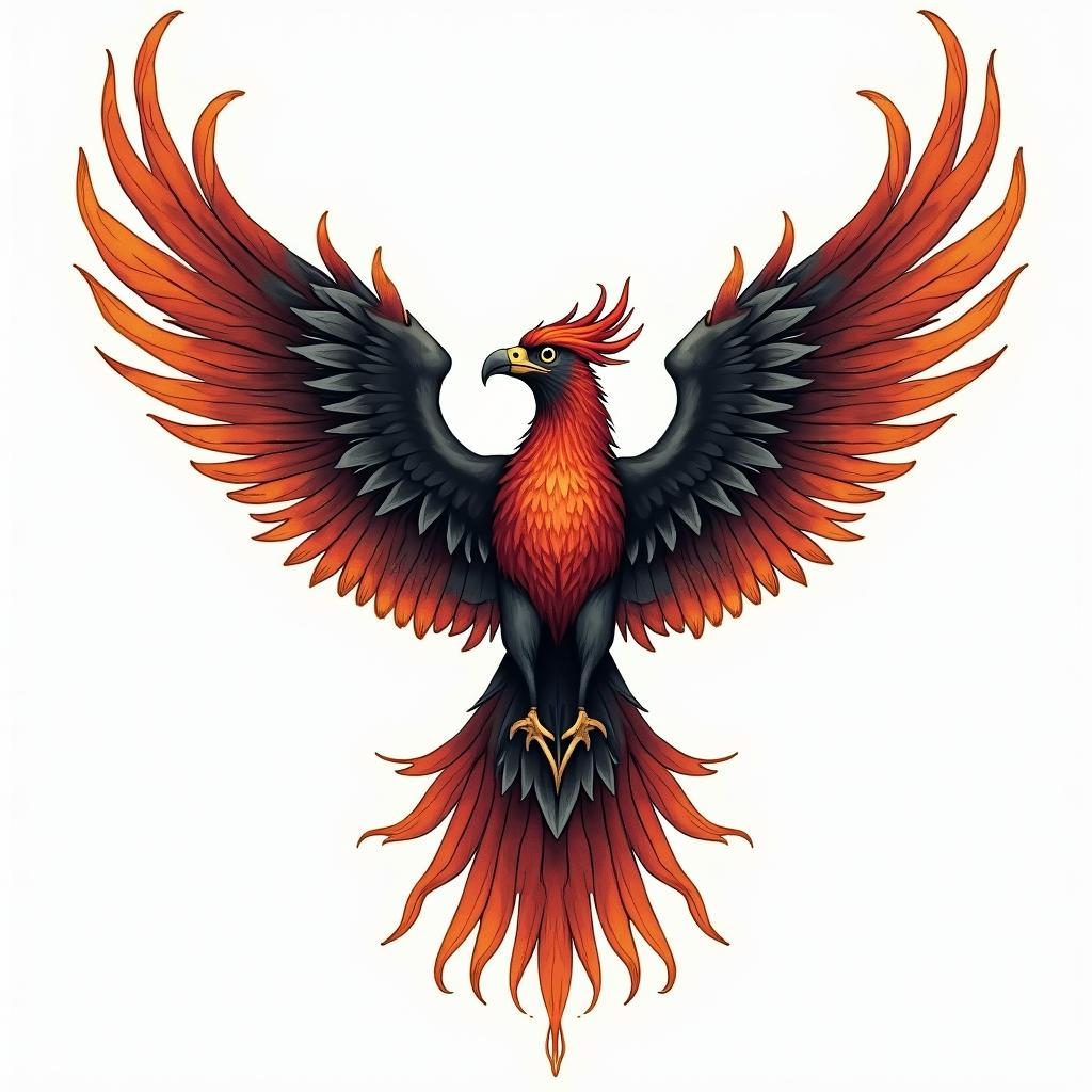 Rising phoenix with vibrant fiery wingsin authentic tattoo style, incorporating traditional modifications, bold black outlines, solid color fills, featuring classic authentic elements - Variation 2