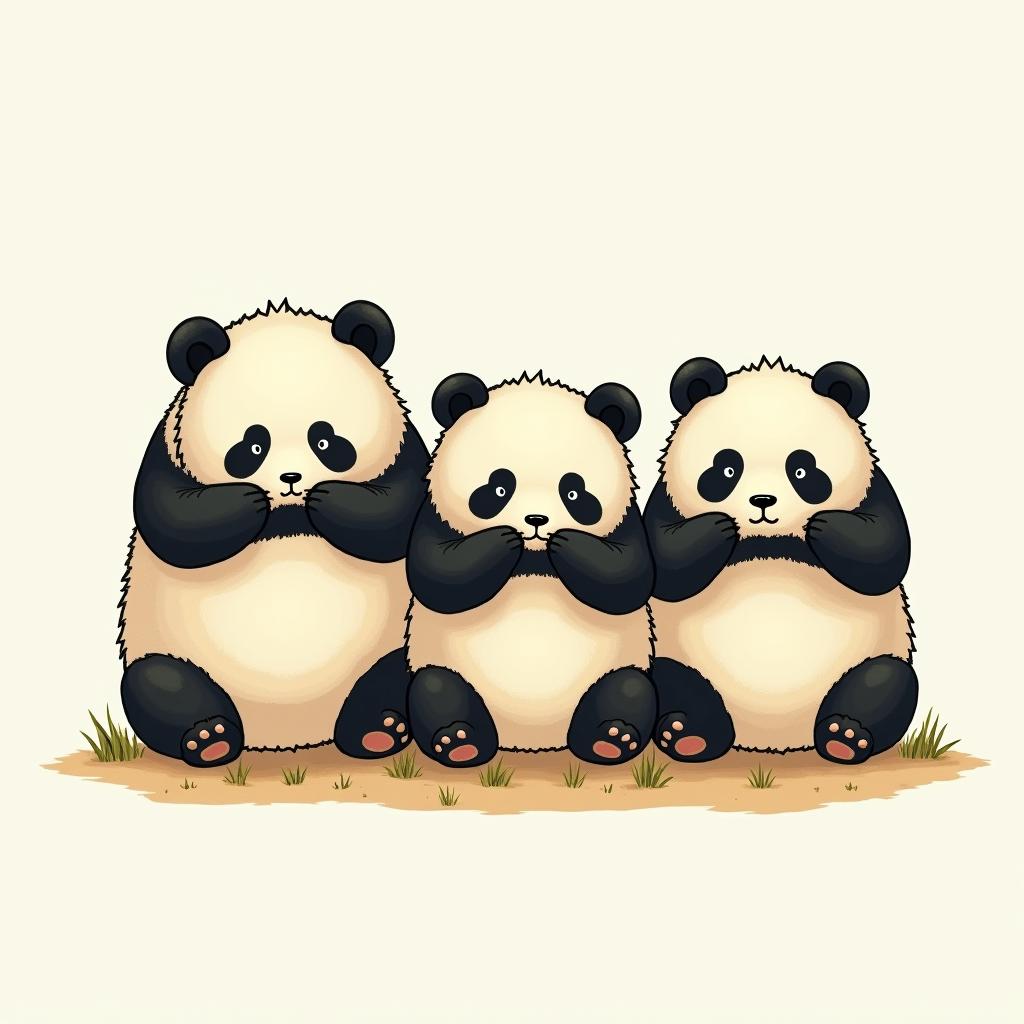 Simple tattoo of three pandas next to each other, the panda at the left is covering its ears with its paws, the panda in the middle is covering its own eyes with its paws and the panda at the end right is covering its mouth with its pawsGhibli, Studio Ghibli aesthetic, hand-drawn anime style, retro nostalgic atmosphere, retro soft pastel color palette with earthy tones, retro Japanese cinematic shot, yellow tint effect, bald character, smooth surface, anime shadow 90's anime style - Variation 3