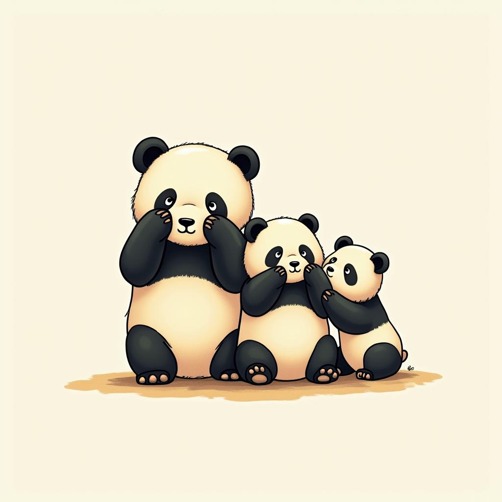 Simple tattoo of three pandas next to each other, the panda at the left is covering its ears with its paws, the panda in the middle is covering its own eyes with its paws and the panda at the end right is covering its mouth with its pawsGhibli, Studio Ghibli aesthetic, hand-drawn anime style, retro nostalgic atmosphere, retro soft pastel color palette with earthy tones, retro Japanese cinematic shot, yellow tint effect, bald character, smooth surface, anime shadow 90's anime style