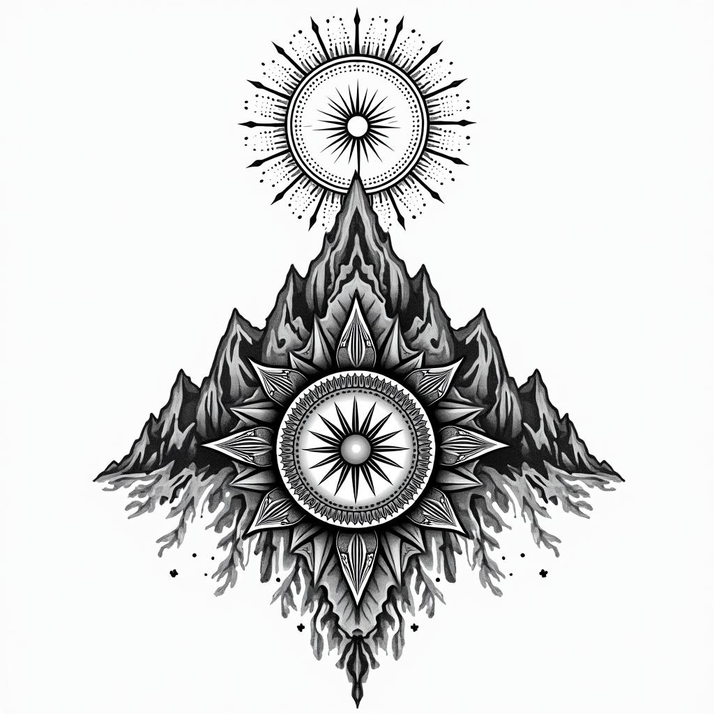 Mountain range with a rising sun, compass, god, timein dotwork style tattoo, complex mandala patterns, interlocking geometric shapes with sharp symmetry, clean lines, sharp angles