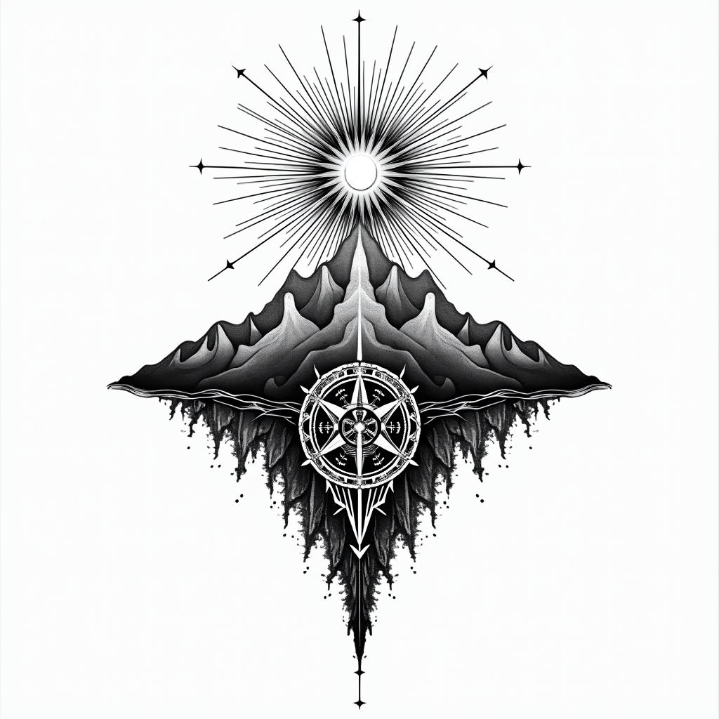 Mountain range with a rising sun, compass, god, timein dotwork style tattoo, complex mandala patterns, interlocking geometric shapes with sharp symmetry, clean lines, sharp angles - Variation 2