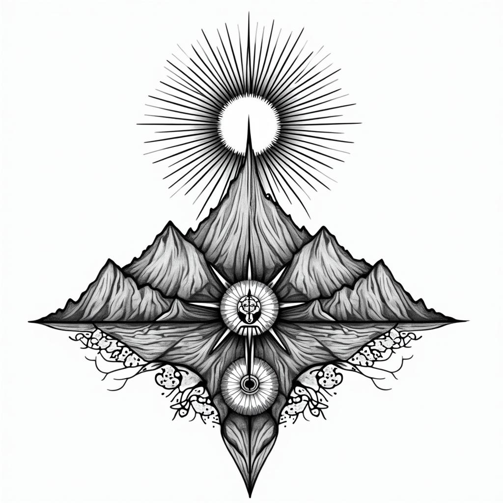 Mountain range with a rising sun, compass, god, timein dotwork style tattoo, complex mandala patterns, interlocking geometric shapes with sharp symmetry, clean lines, sharp angles - Variation 3