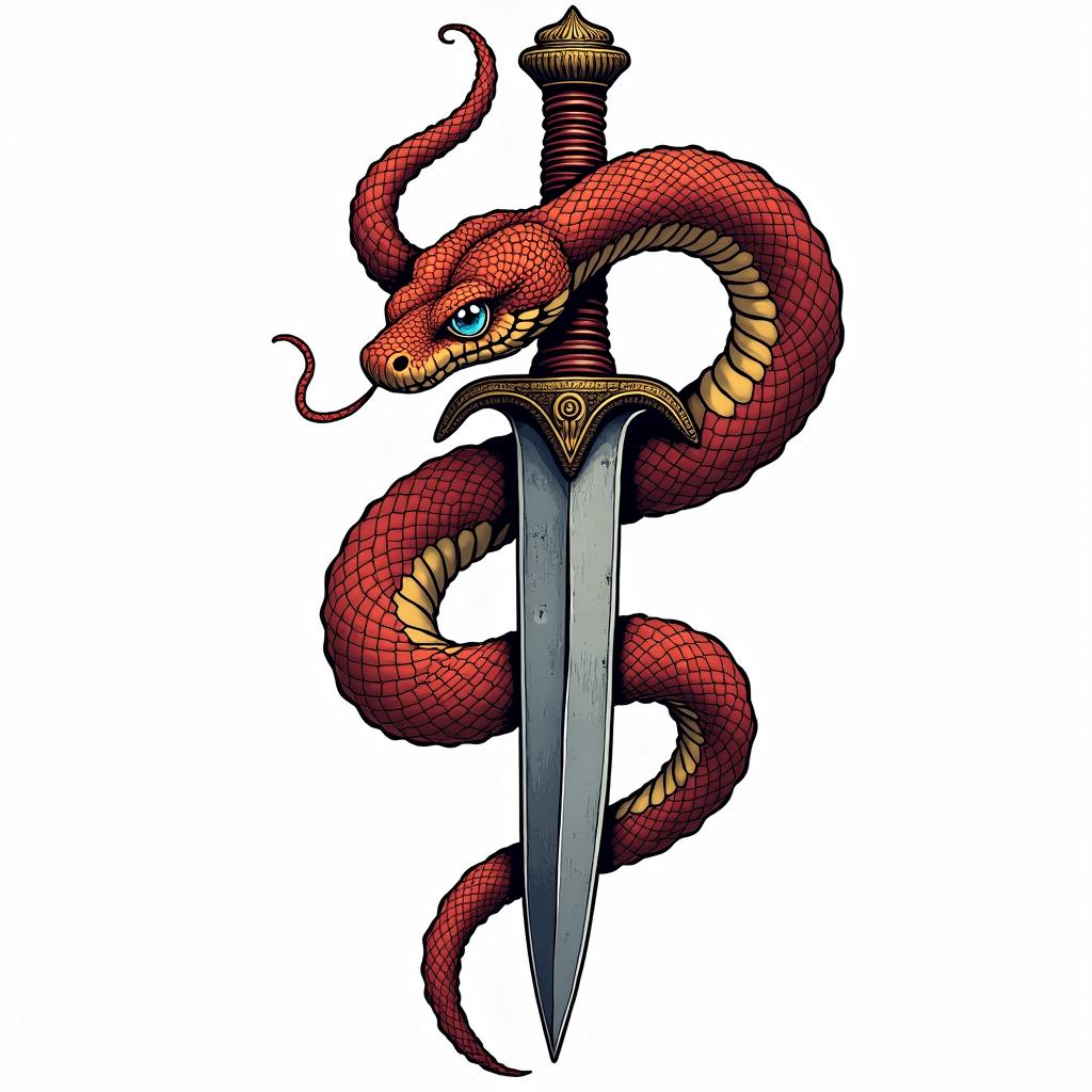 Snake wrapped around a dagger with an evil eye on the daggerin pop art style tattoo, featuring bold and vibrant colors, exaggerated outlines, iconic imagery, inspired by comic books and speech bubbles, comic book characters, retro pop culture - Variation 7