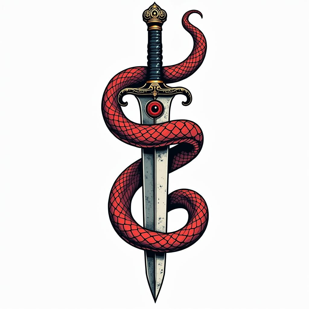 Snake wrapped around a dagger with an evil eye on the daggerin pop art style tattoo, featuring bold and vibrant colors, exaggerated outlines, iconic imagery, inspired by comic books and speech bubbles, comic book characters, retro pop culture - Variation 6