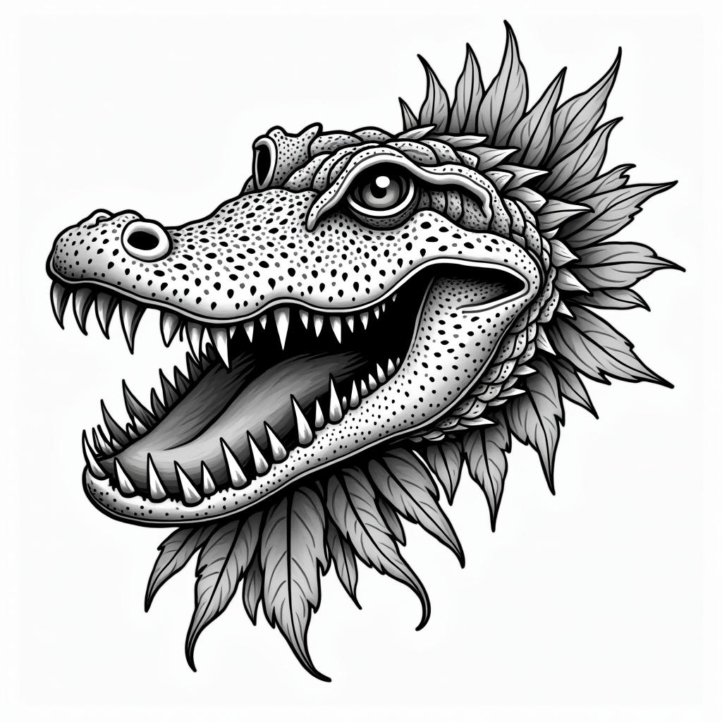 Alligator headin authentic tattoo style, incorporating traditional modifications, bold black outlines, solid color fills, featuring classic authentic elements - Variation 2