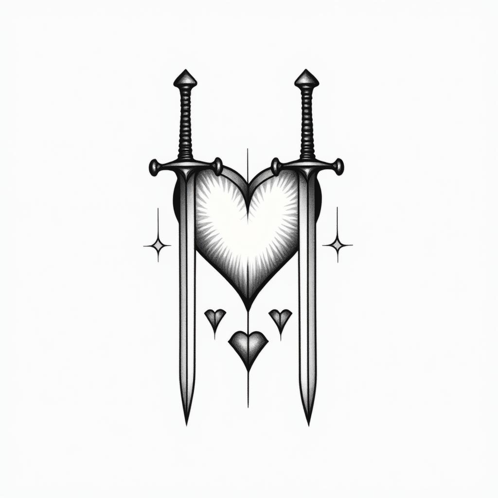2 swords impaled a heartin minimalist style tattoo, featuring simple shapes and fine lines, with minimal shading and details, tiny triangles, creating a sense of balance and harmony - Variation 2