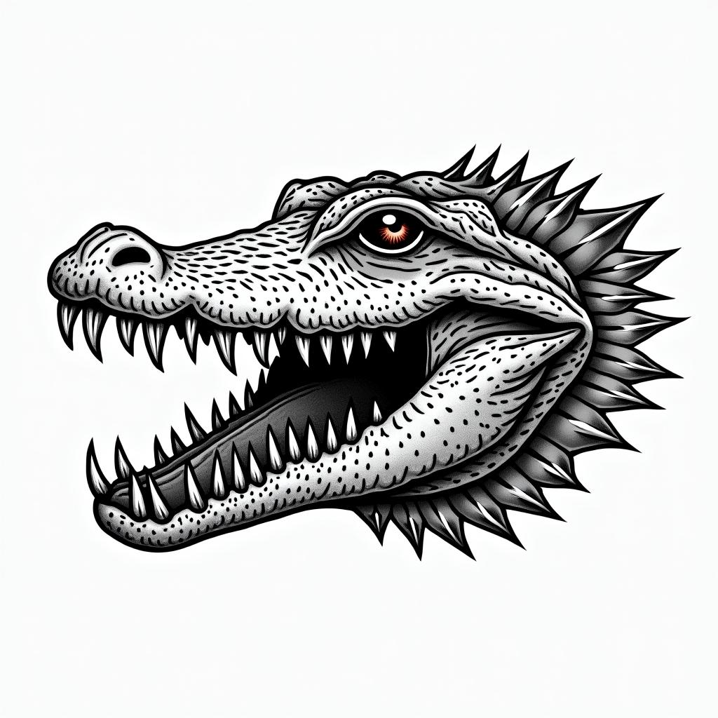 Alligator headin authentic tattoo style, incorporating traditional modifications, bold black outlines, solid color fills, featuring classic authentic elements - Variation 3
