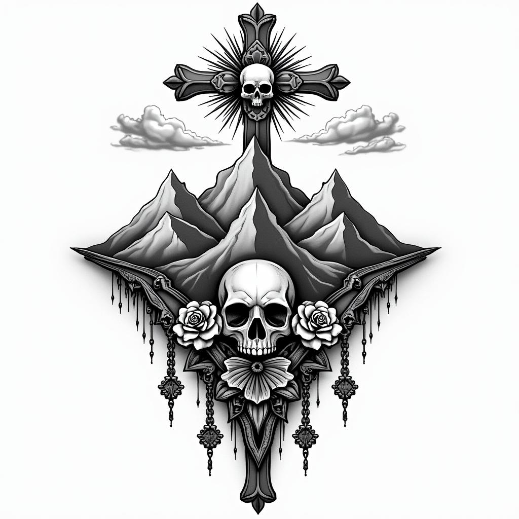 Mountain range with a rising sun, compass, god, timein chicano style tattoo, featuring intricate black and grey shading, bold elements of traditional chicano culture symbols, add a big cross with skull, chains and roses - Variation 2