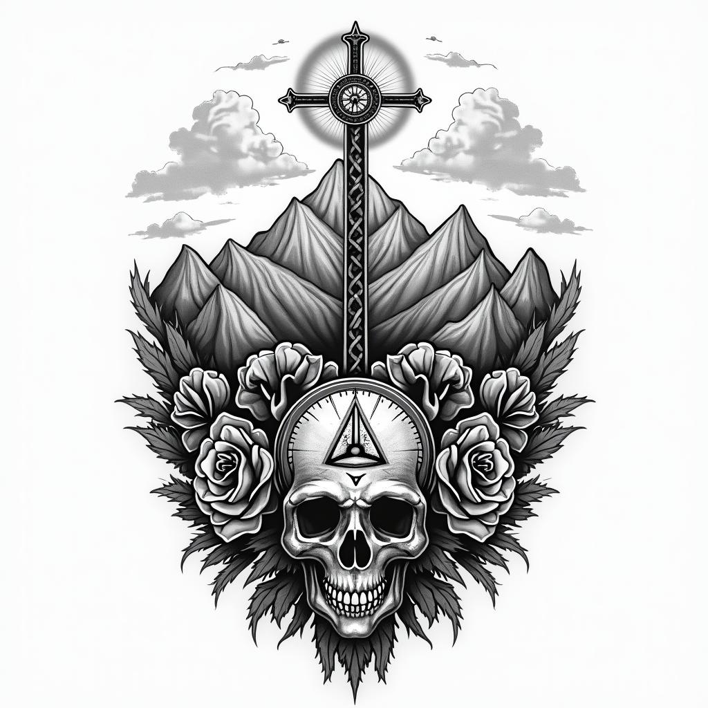 Mountain range with a rising sun, compass, god, timein chicano style tattoo, featuring intricate black and grey shading, bold elements of traditional chicano culture symbols, add a big cross with skull, chains and roses - Variation 3