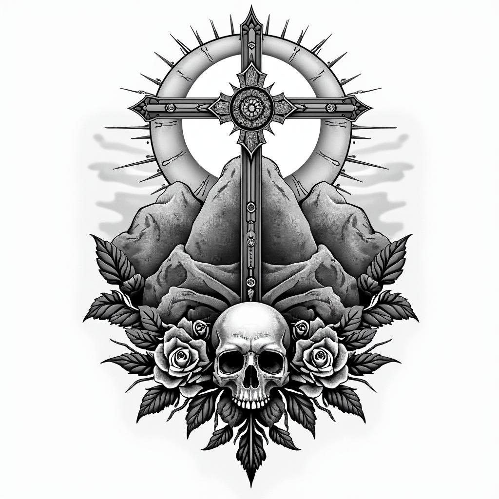 Mountain range with a rising sun, compass, god, timein chicano style tattoo, featuring intricate black and grey shading, bold elements of traditional chicano culture symbols, add a big cross with skull, chains and roses