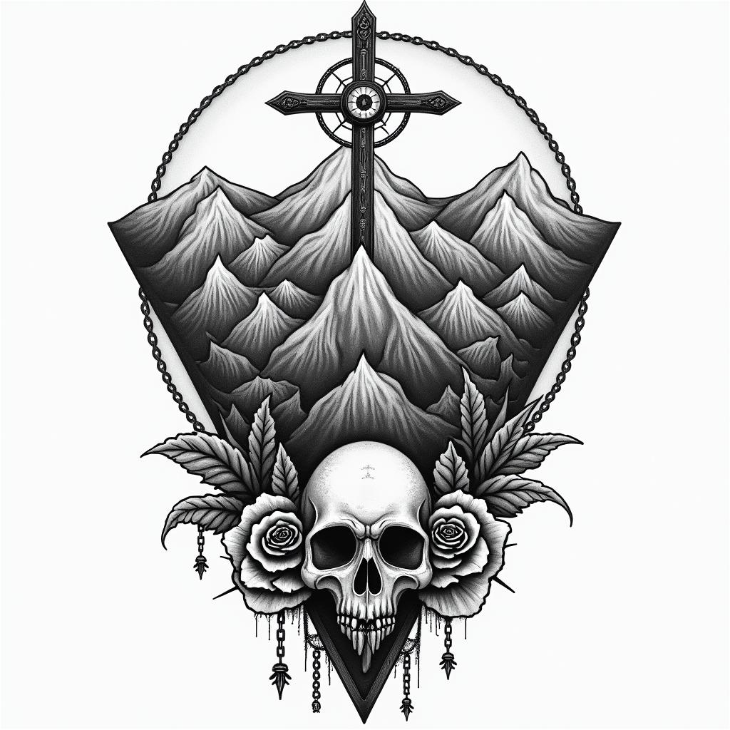 Mountain range with a rising sun, compass, god, timein chicano style tattoo, featuring intricate black and grey shading, bold elements of traditional chicano culture symbols, add a big cross with skull, chains and roses - Variation 4