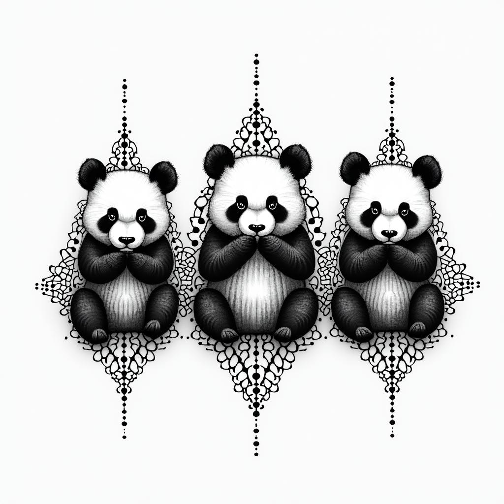 Simple tattoo of three pandas next to each other, the panda at the left is covering its ears with its paws, the panda in the middle is covering its own eyes with its paws and the panda at the end right is covering its mouth with its pawsin dotwork style tattoo, complex mandala patterns, interlocking geometric shapes with sharp symmetry, clean lines, sharp angles - Variation 4